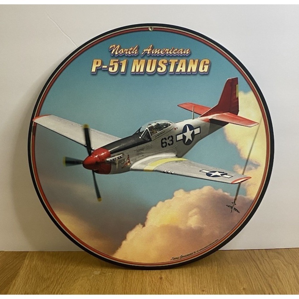 P-51 Mustang 14" Round Metal Tin Sign Vintage Style Military Airplane Wall Decor